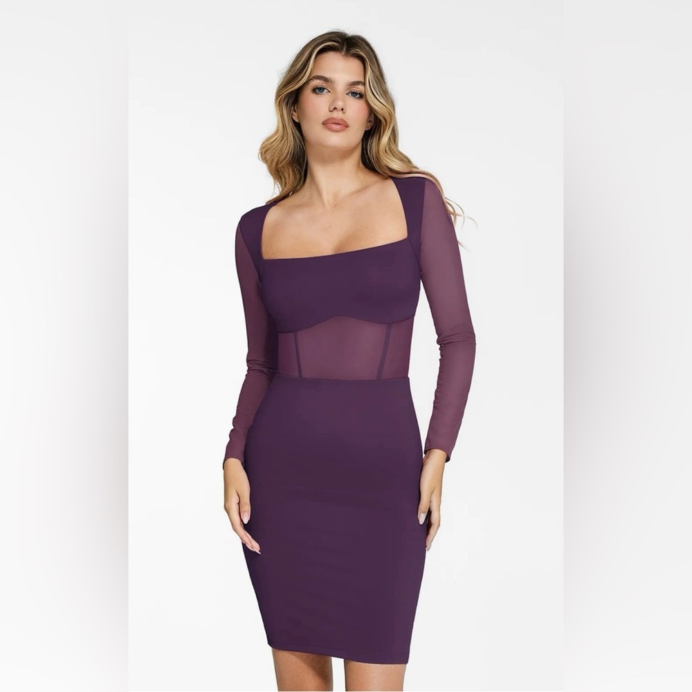 Popilush Shapewear Long Sleeve Mesh Inset Bodycon Midi Dress Size XL